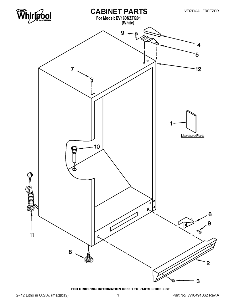 CABINET PARTS Diagram and Parts List for EV160NZTQ01  Whirlpool Freezer