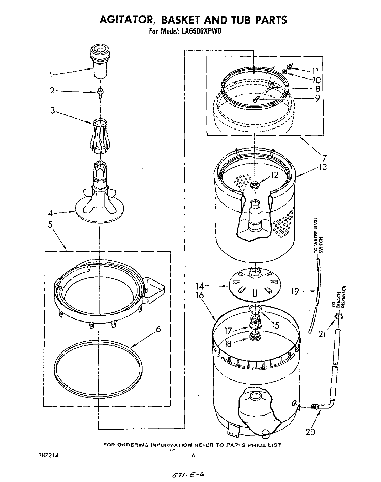 AGITATOR, BASKET AND TUB Diagram and Parts List for LA6500XPW0  Whirlpool Washer