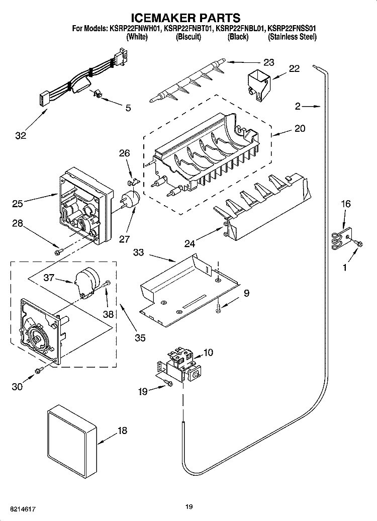 ICEMAKER PARTS, OPTIONAL PARTS Diagram and Parts List for KSRP22FNBL01  KitchenAid Refrigerator