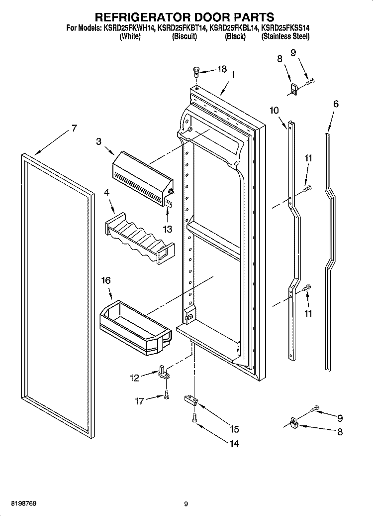 REFRIGERATOR DOOR PARTS Diagram and Parts List for KSRD25FKBL14  KitchenAid Refrigerator