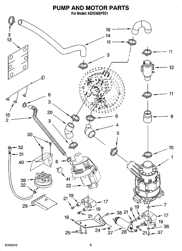 PUMP AND MOTOR PARTS Diagram and Parts List for KIDS36EPSS1  KitchenAid Dishwasher