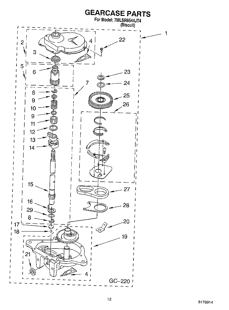 GEARCASE Diagram and Parts List for 7MLSR8544JT4  Whirlpool Washer