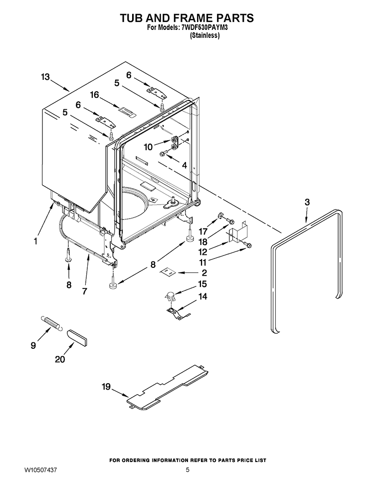 TUB AND FRAME PARTS Diagram and Parts List for 7WDF530PAYM3  Whirlpool Dishwasher
