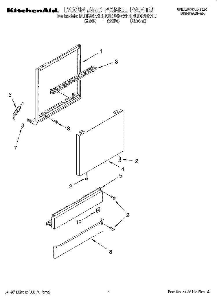 DOOR AND PANEL Diagram and Parts List for KUDI24SEWH1  KitchenAid Dishwasher