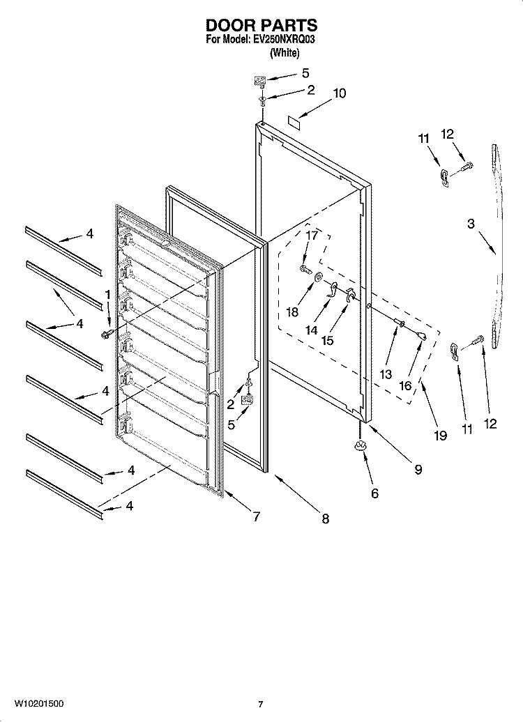 DOOR PARTS, OPTIONAL PARTS (NOT INCLUDED) Diagram and Parts List for EV250NXRQ03  Whirlpool Freezer