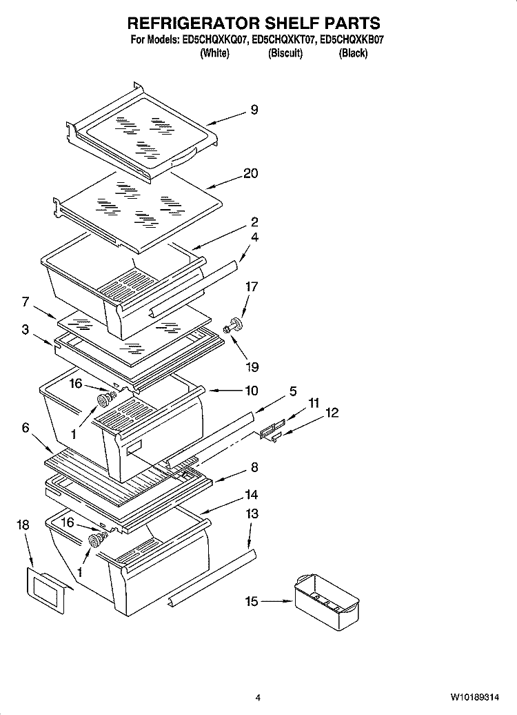 REFRIGERATOR SHELF PARTS Diagram and Parts List for ED5CHQXKT07  Whirlpool Refrigerator