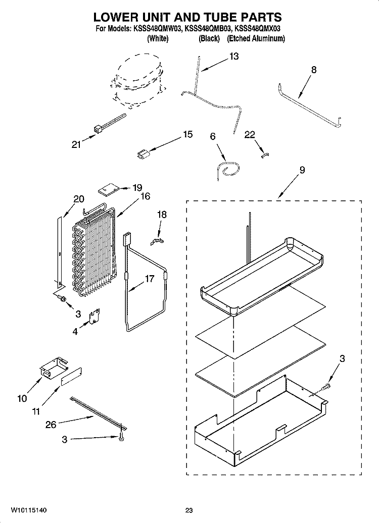 LOWER UNIT AND TUBE PARTS Diagram and Parts List for KSSS48QMB03  KitchenAid Refrigerator
