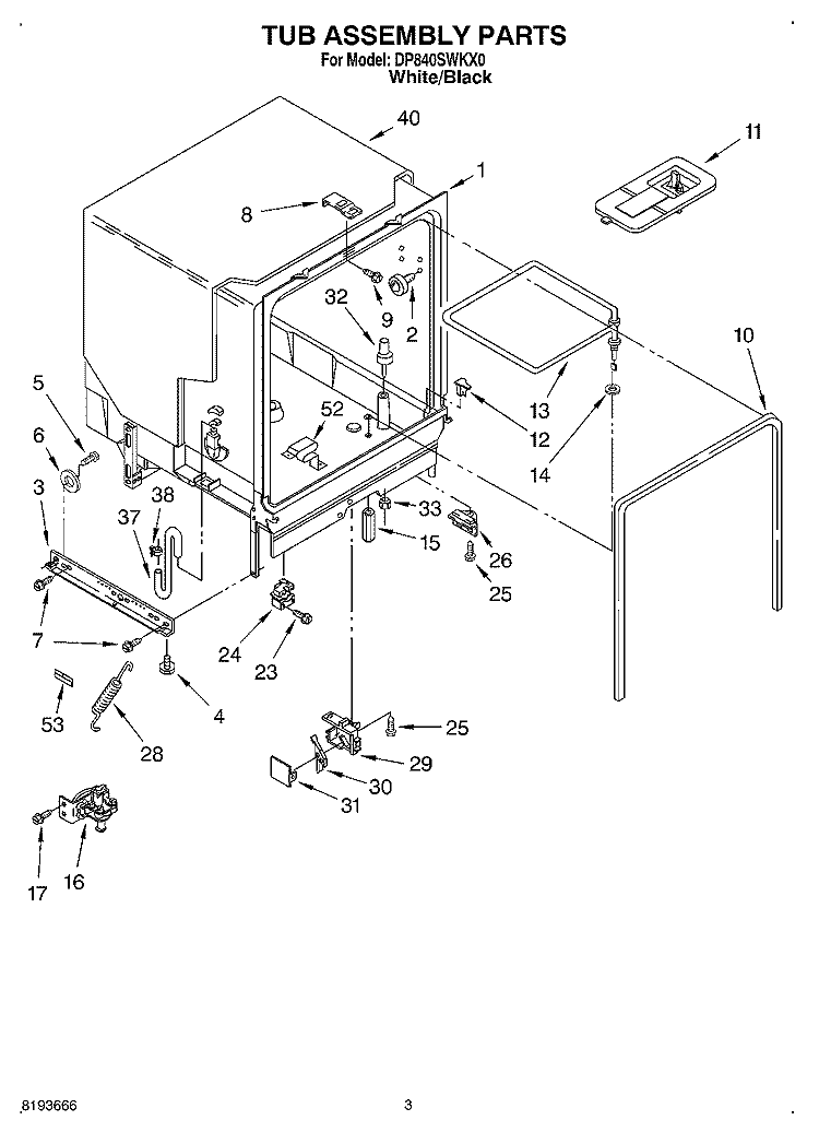 TUB ASSEMBLY Diagram and Parts List for DP840SWKX0  Whirlpool Dishwasher