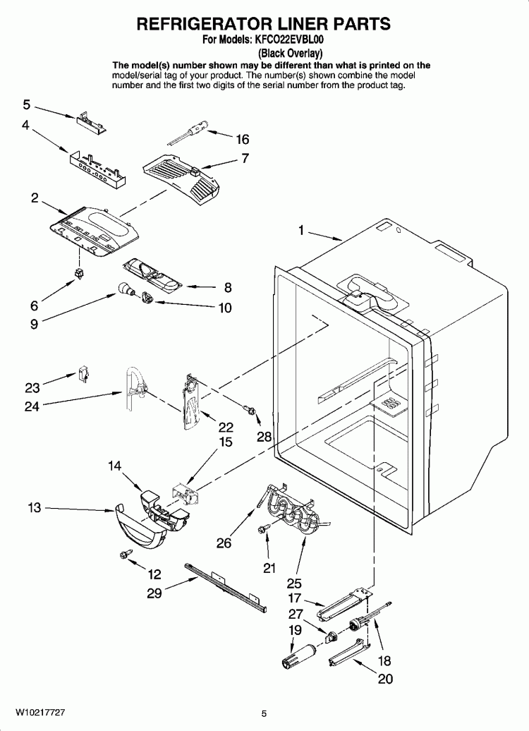 REFRIGERATOR LINER PARTS Diagram and Parts List for KFCO22EVBL00  KitchenAid Refrigerator