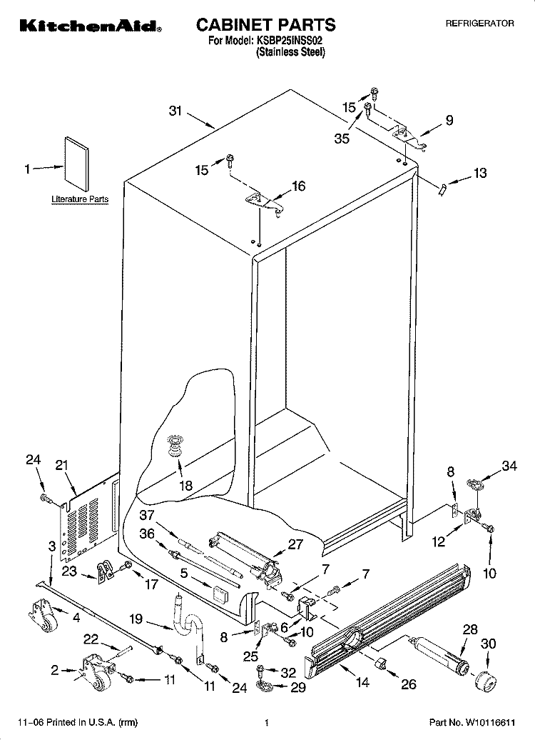 CABINET PARTS Diagram and Parts List for KSBP25INSS02  KitchenAid Refrigerator
