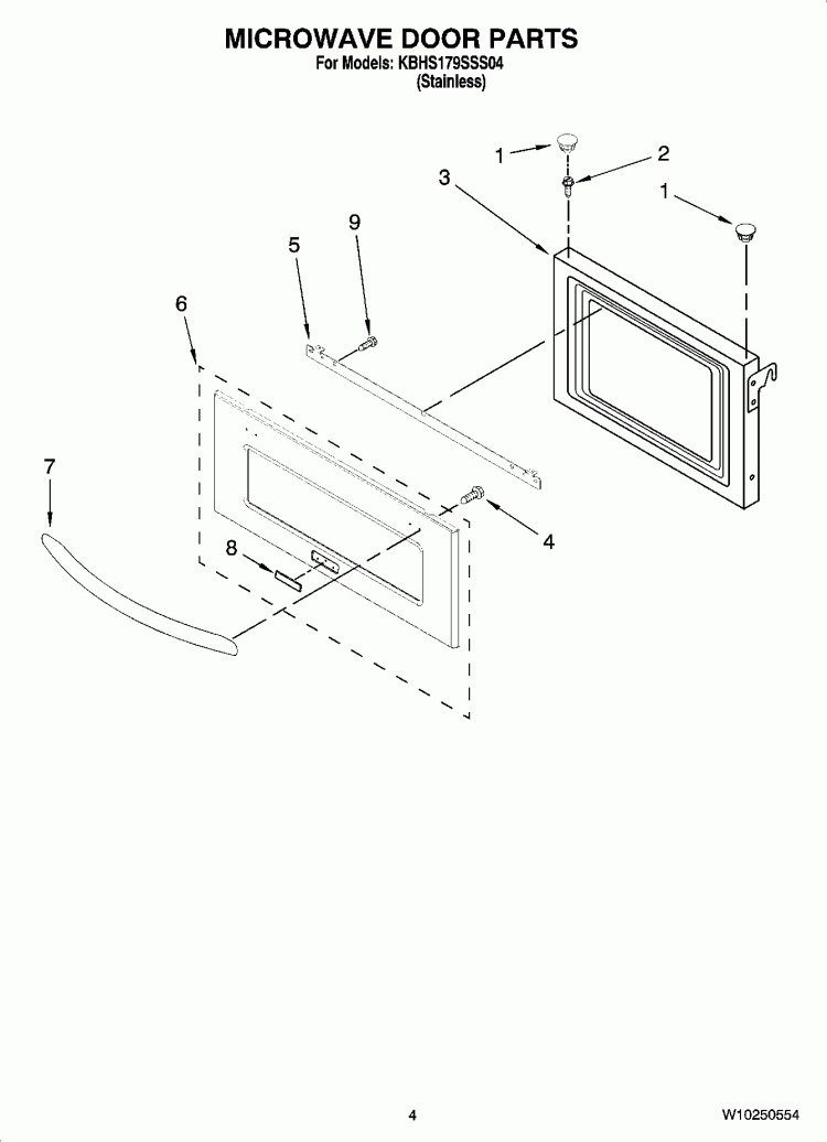 MICROWAVE DOOR PARTS Diagram and Parts List for KBHS179SSS04  KitchenAid Microwave