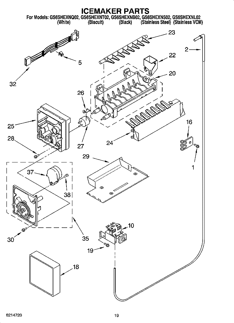 ICEMAKER PARTS, OPTIONAL PARTS Diagram and Parts List for GS6SHEXNQ02  Whirlpool Refrigerator