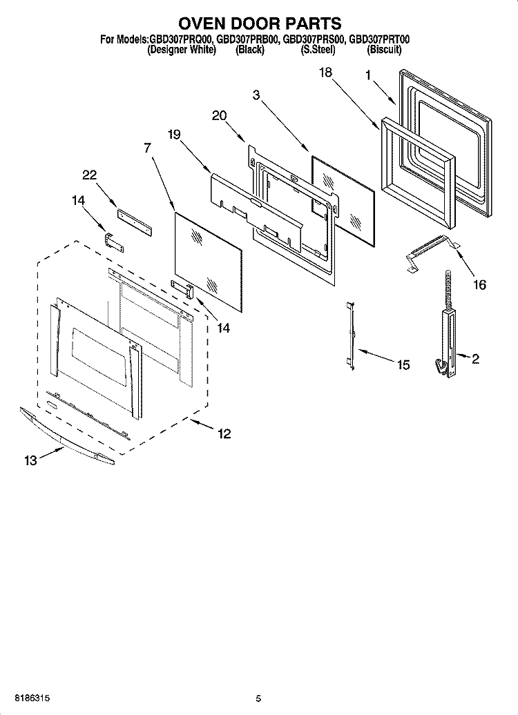 OVEN DOOR PARTS Diagram and Parts List for GBD307PRS00  Whirlpool Wall Oven