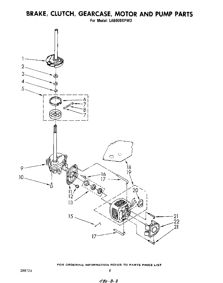BRAKE, CLUTCH, GEARCASE, MOTOR AND PUMP Diagram and Parts List for LA6000XPW3  Whirlpool Washer