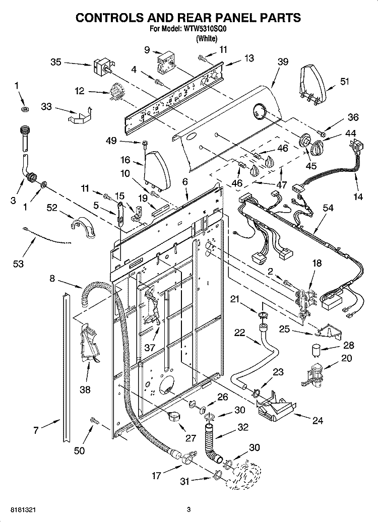 CONTROLS AND REAR PANEL PARTS Diagram and Parts List for WTW5310SQ0  Whirlpool Washer