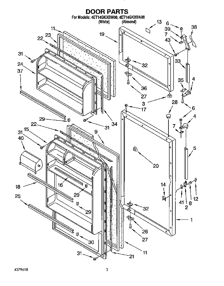 DOOR Diagram and Parts List for 4ET14GKXBW00  Whirlpool Refrigerator