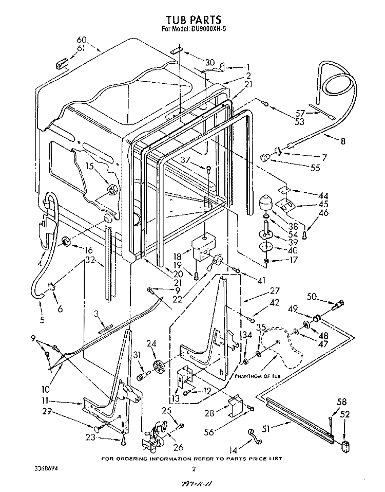 TUB, LITERATURE AND OPTIONAL Diagram and Parts List for DU9000XR5  Whirlpool Dishwasher