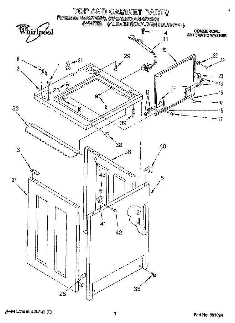 TOP AND CABINET, LIT/OPTIONAL Diagram and Parts List for CAP2772BN0  Whirlpool Washer