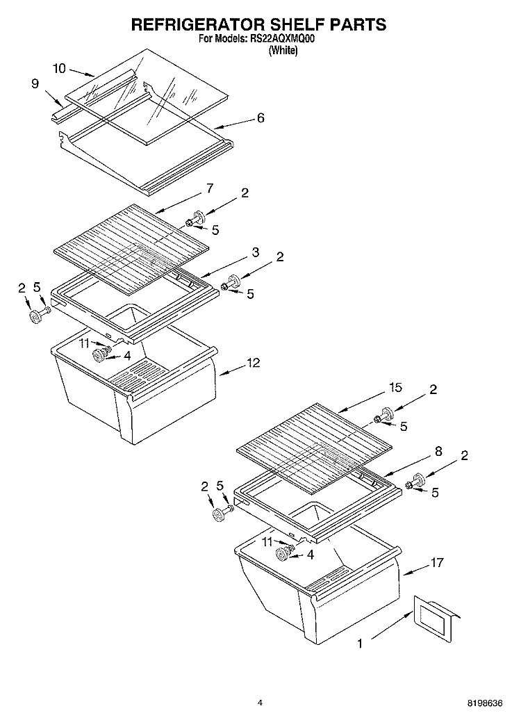 REFRIGERATOR SHELF PARTS Diagram and Parts List for RS22AQXMQ00  Roper Refrigerator