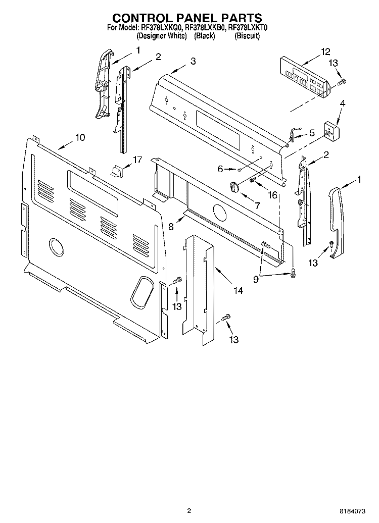 CONTROL PANEL Diagram and Parts List for RF378LXKT0  Whirlpool Range