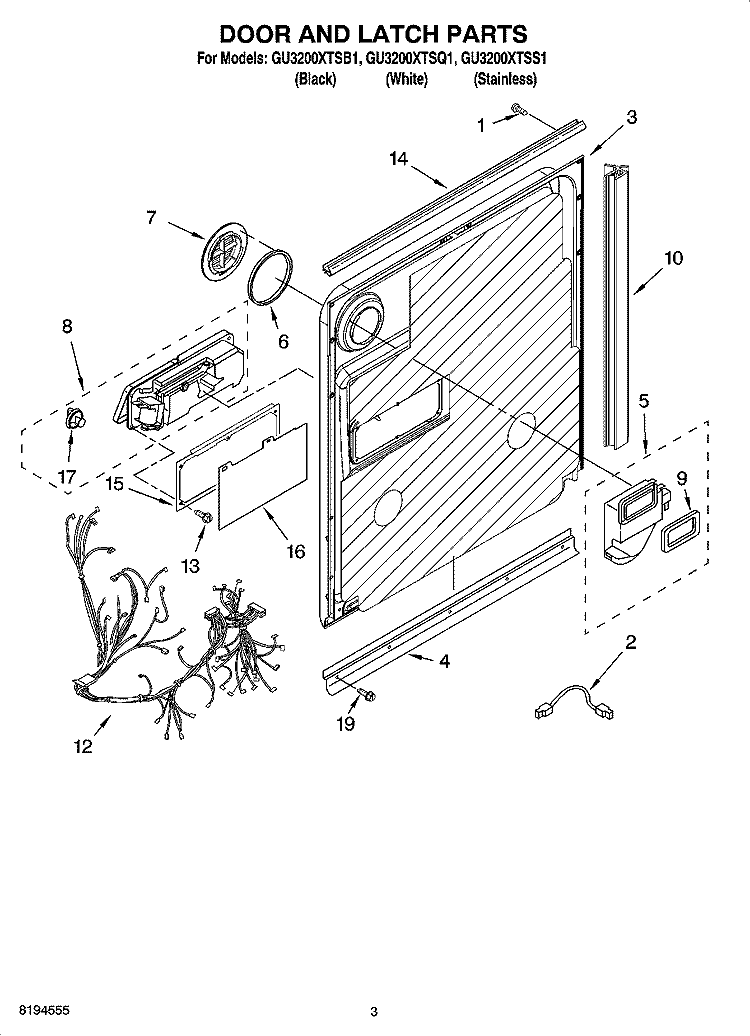 DOOR AND LATCH PARTS Diagram and Parts List for GU3200XTSB1  Whirlpool Dishwasher