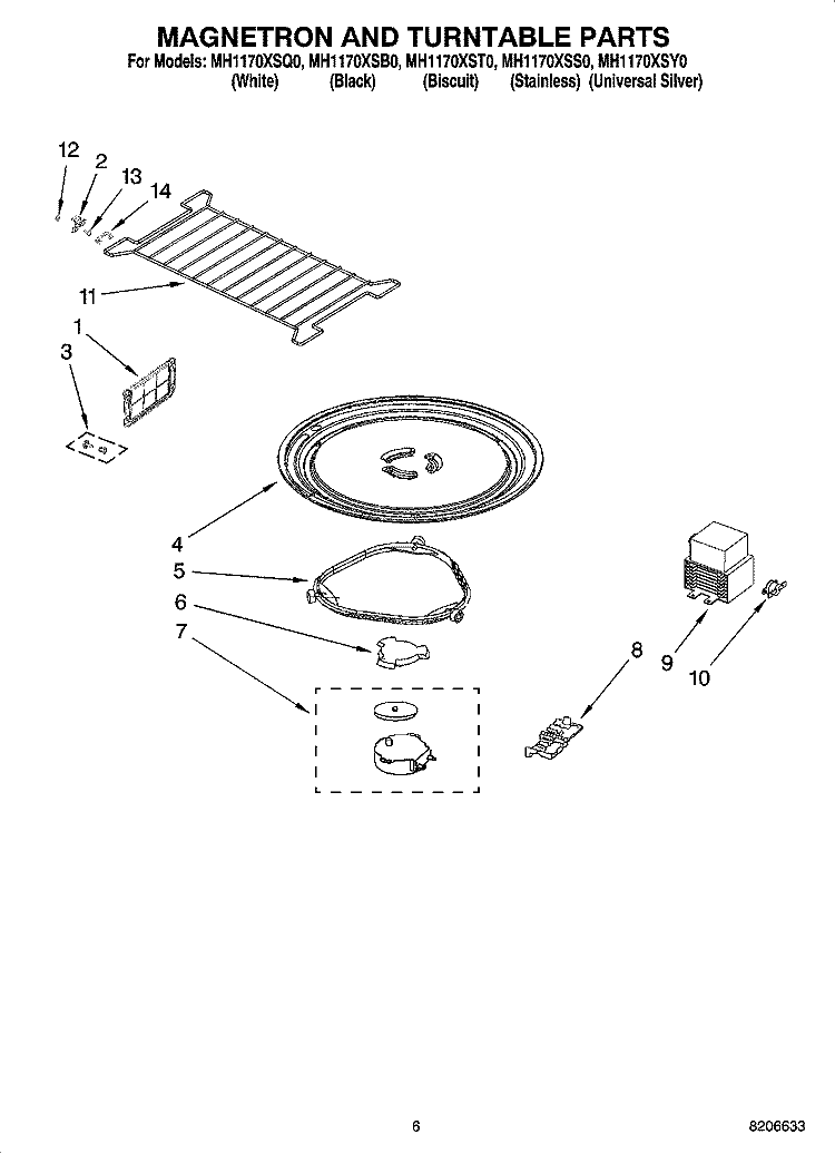 MAGNETRON AND TURNTABLE PARTS Diagram and Parts List for MH1170XSB0  Whirlpool Microwave