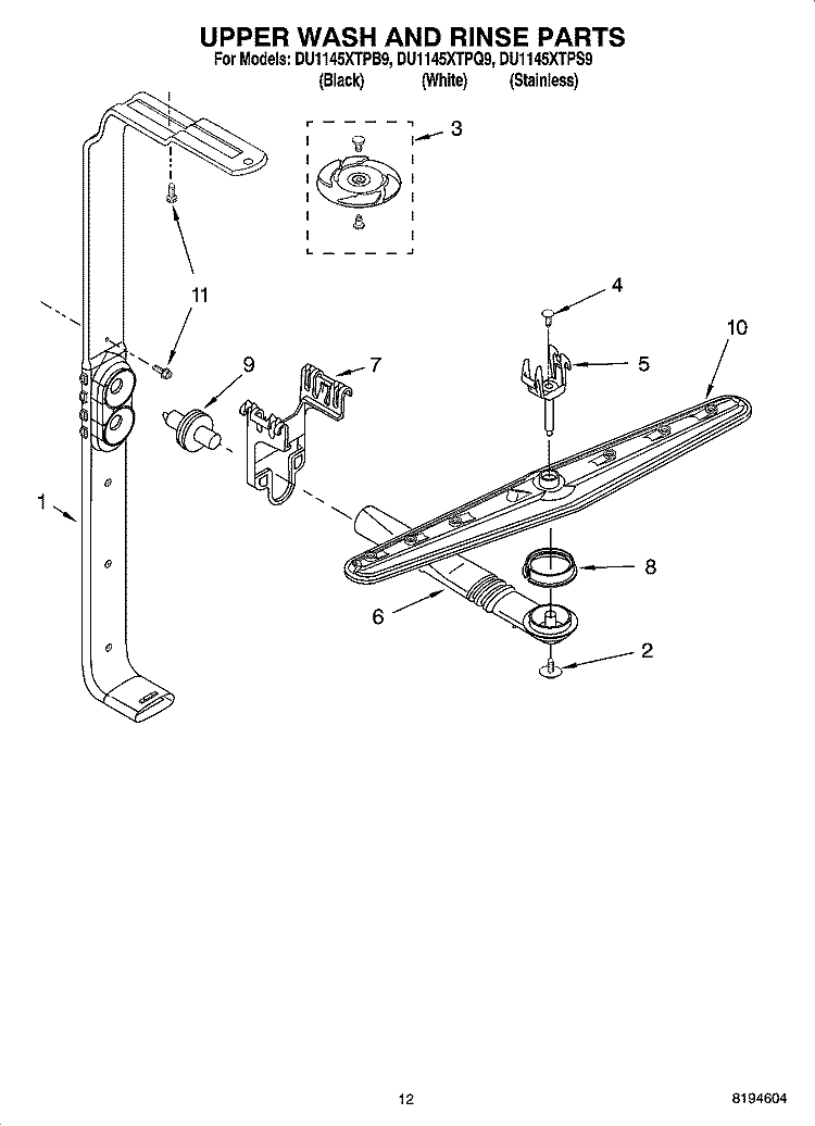 UPPER WASH AND RINSE PARTS Diagram and Parts List for DU1145XTPQ9  Whirlpool Dishwasher