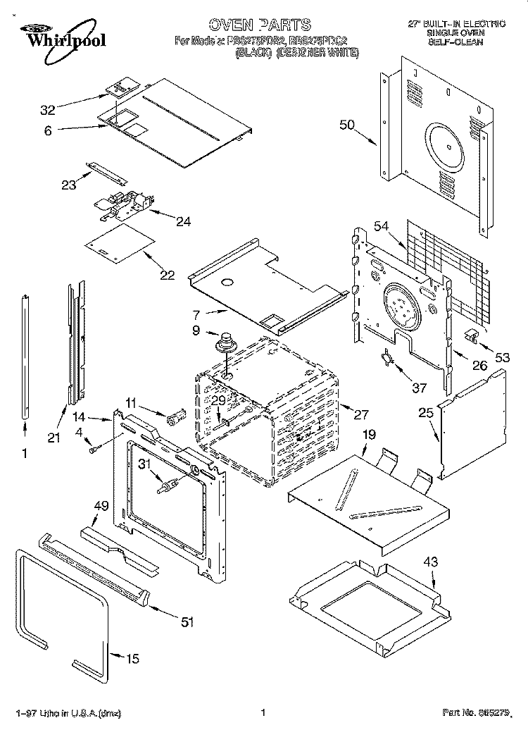 OVEN Diagram and Parts List for RBS275PDQ2  Whirlpool Wall Oven