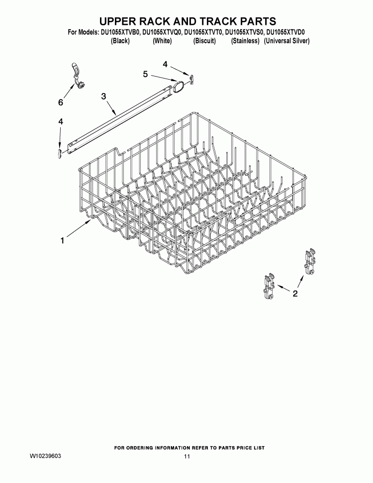 UPPER RACK AND TRACK PARTS Diagram and Parts List for DU1055XTVB0  Whirlpool Dishwasher