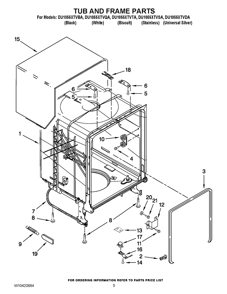 TUB AND FRAME PARTS Diagram and Parts List for DU1055XTVDA  Whirlpool Dishwasher