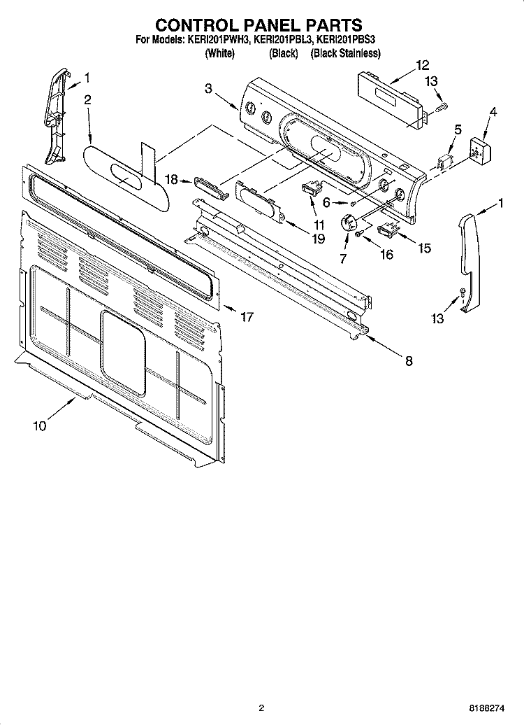 CONTROL PANEL PARTS Diagram and Parts List for KERI201PBL3  KitchenAid Range