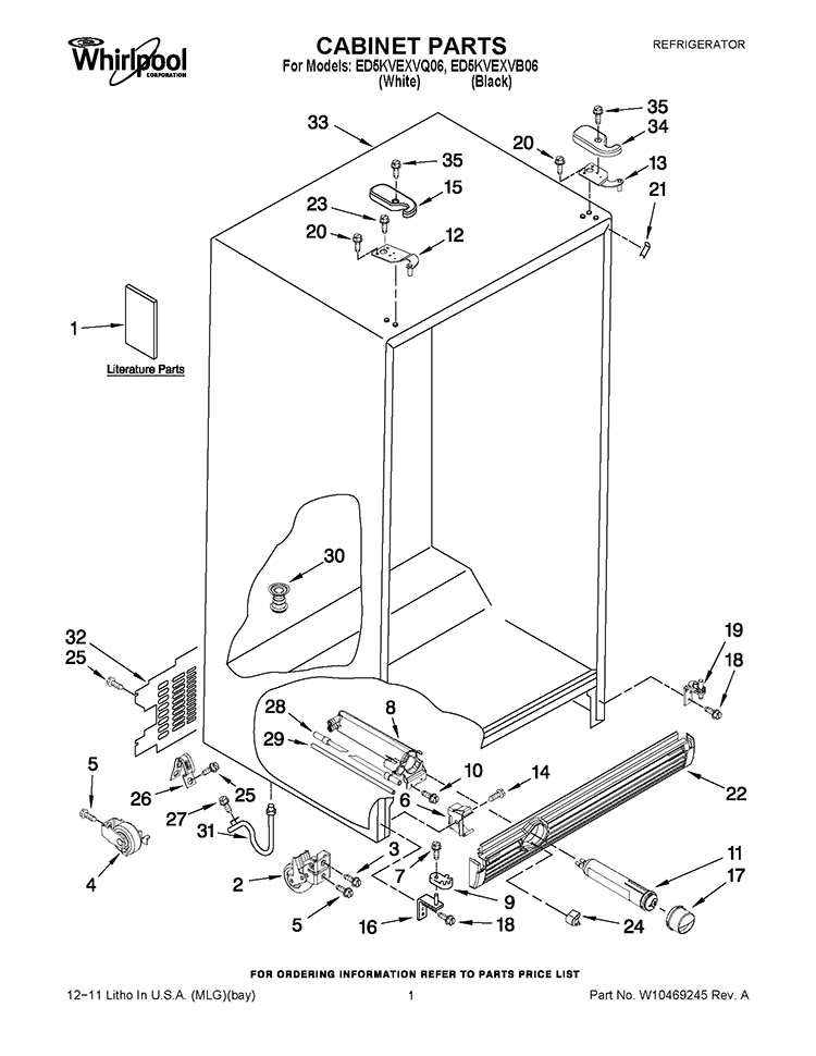 CABINET PARTS Diagram and Parts List for ED5KVEXVB06  Whirlpool Refrigerator