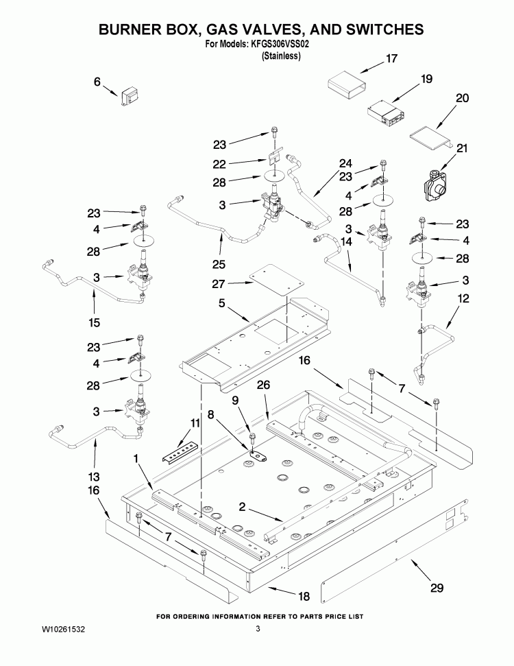 BURNER BOX, GAS VALVES, AND SWITCHES Diagram and Parts List for KFGS306VSS02  KitchenAid Cooktop