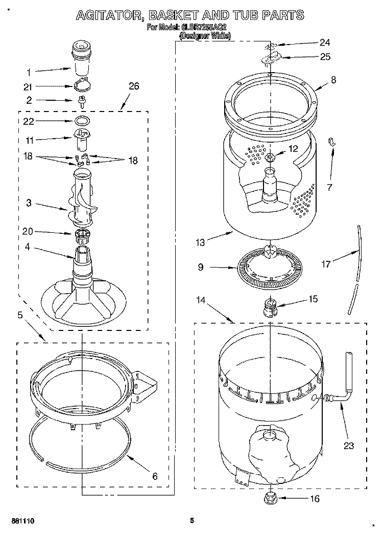AGITATOR, BASKET AND TUB Diagram and Parts List for 6LBR7255AQ2  Whirlpool Washer