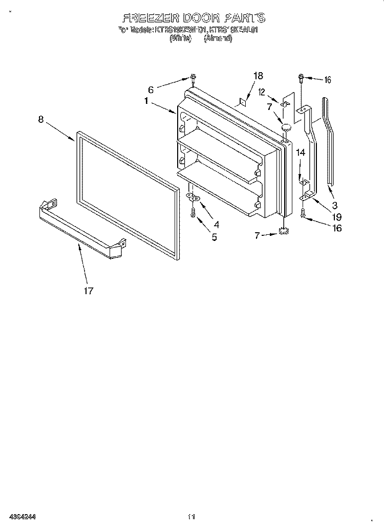FREEZER DOOR, LIT/OPTIONAL Diagram and Parts List for KTRS19KEWH01  KitchenAid Refrigerator