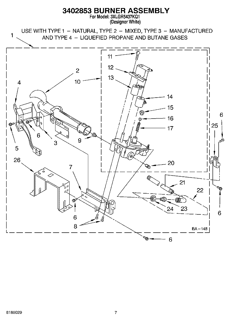 3402853 BURNER ASSEMBLY Diagram and Parts List for 3XLGR5437KQ1  Whirlpool Dryer