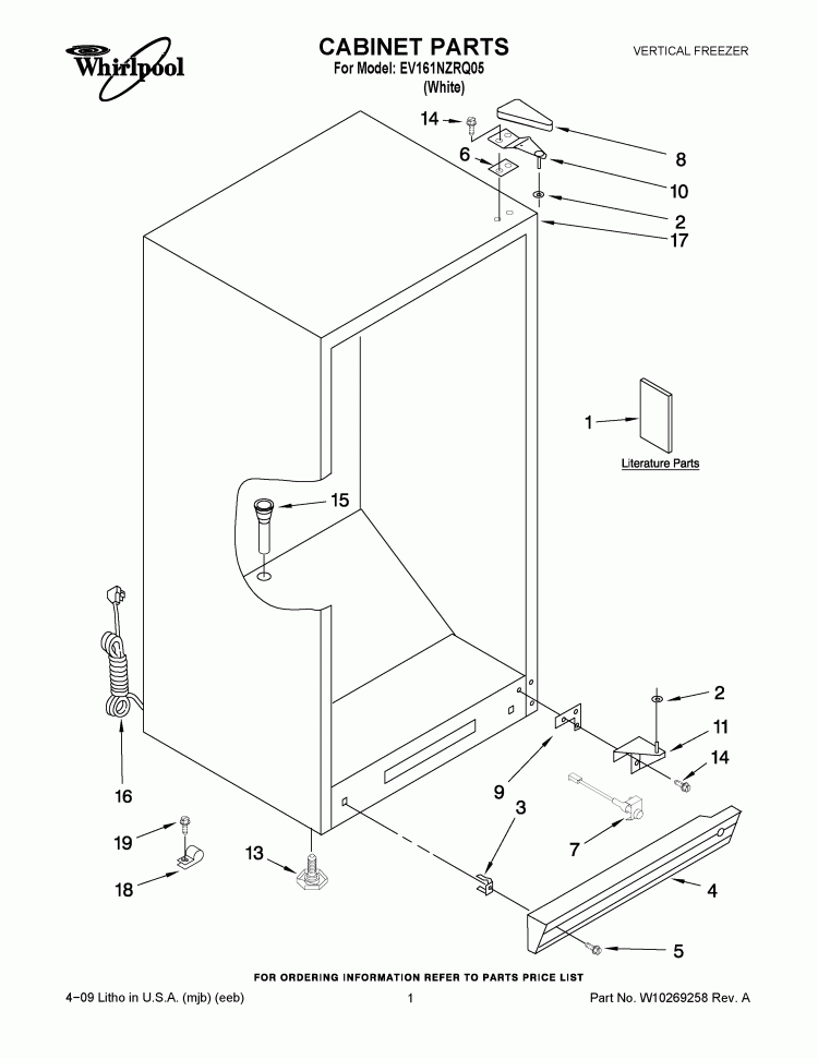 CABINET PARTS Diagram and Parts List for EV161NZRQ05  Whirlpool Freezer