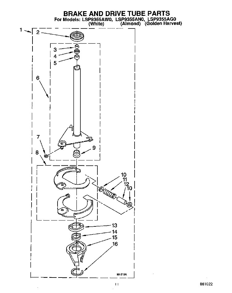 BRAKE AND DRIVE TUBE Diagram and Parts List for LSP9355AW0  Whirlpool Washer