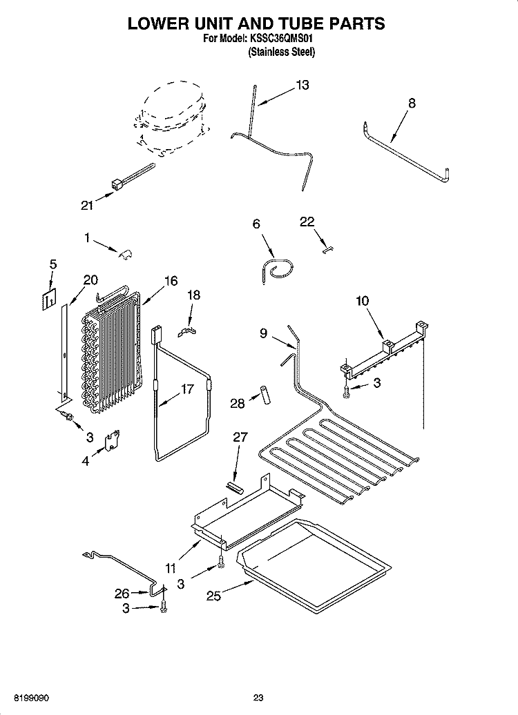 LOWER UNIT AND TUBE PARTS Diagram and Parts List for KSSC36QMS01  KitchenAid Refrigerator