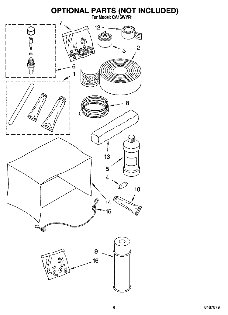 OPTIONAL  PARTS (NOT INCLUDED) Diagram and Parts List for CA15WYR1  Crosley Air Conditioner