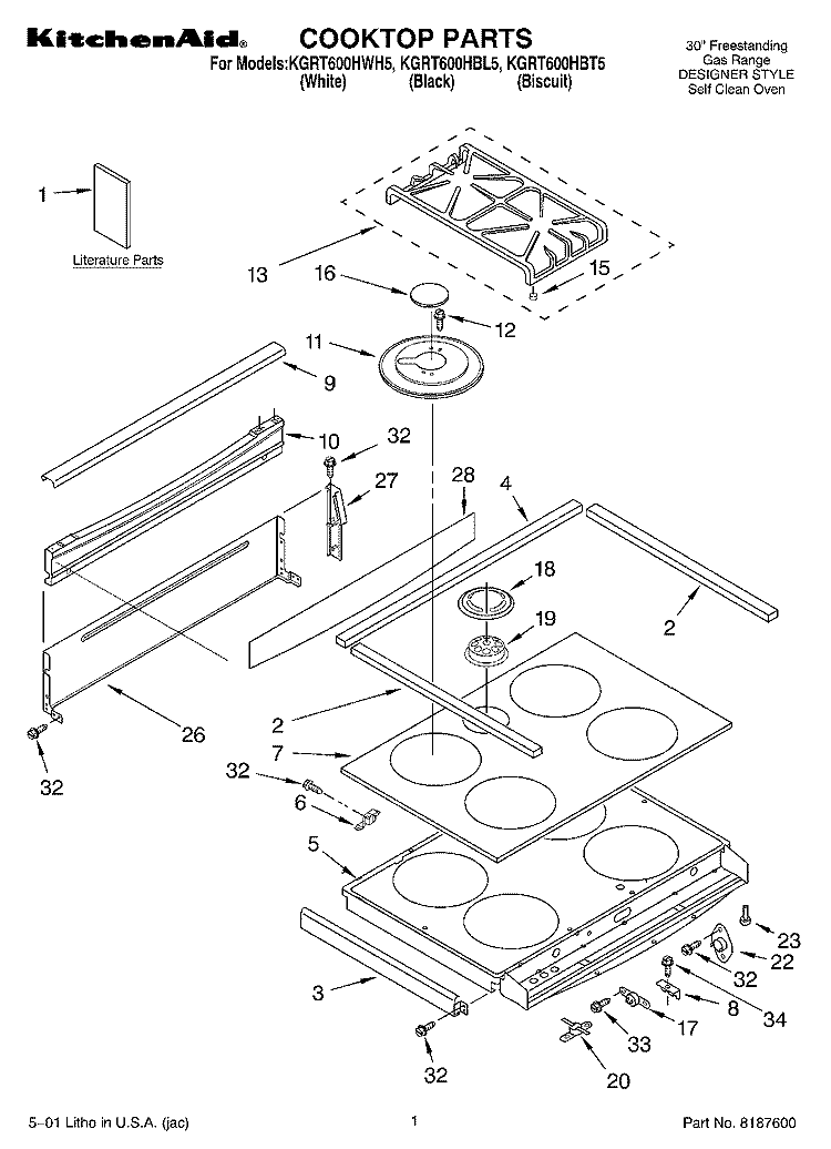 COOKTOP, LITERATURE Diagram and Parts List for KGRT600HBT5  KitchenAid Range