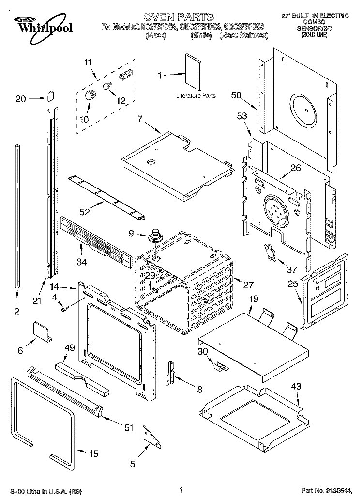 OVEN, LITERATURE Diagram and Parts List for GMC275PDQ3  Whirlpool Microwave Oven Combo