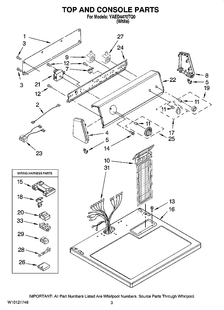 TOP AND CONSOLE PARTS Diagram and Parts List for YAED4470TQ0  Admiral Dryer