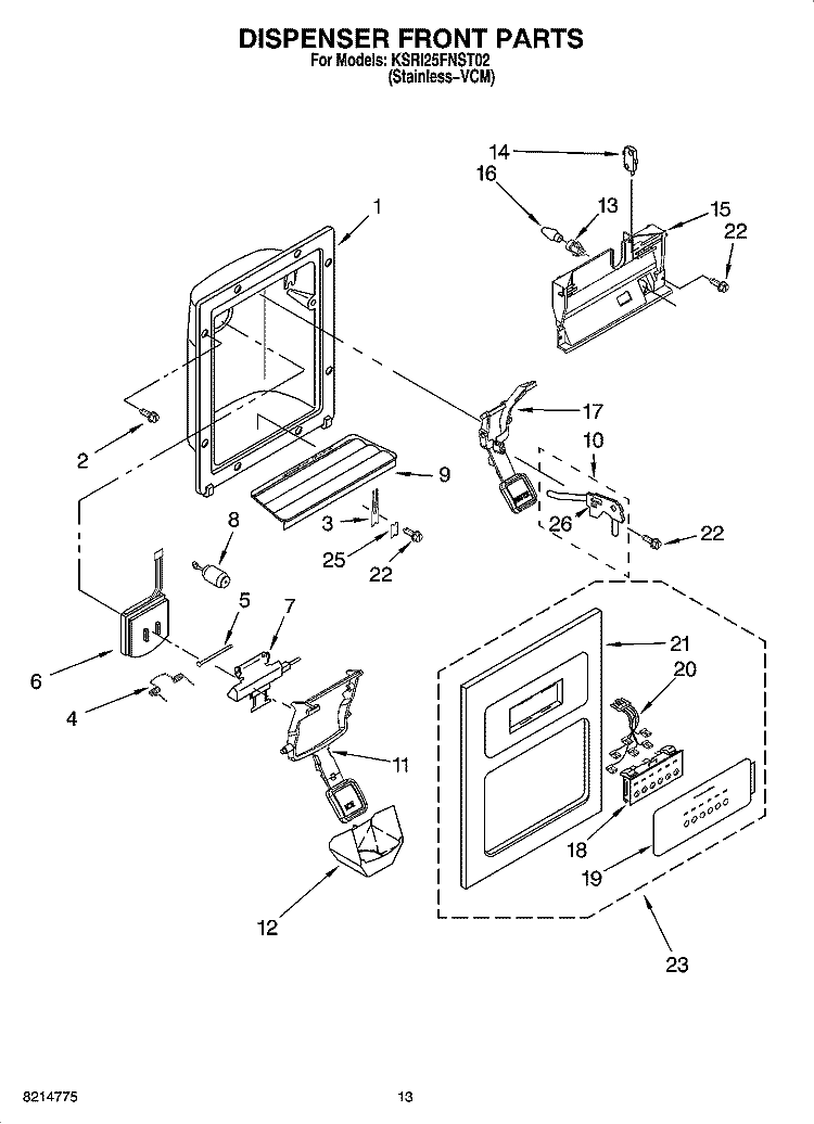 DISPENSER FRONT PARTS Diagram and Parts List for KSRI25FNST02  KitchenAid Refrigerator