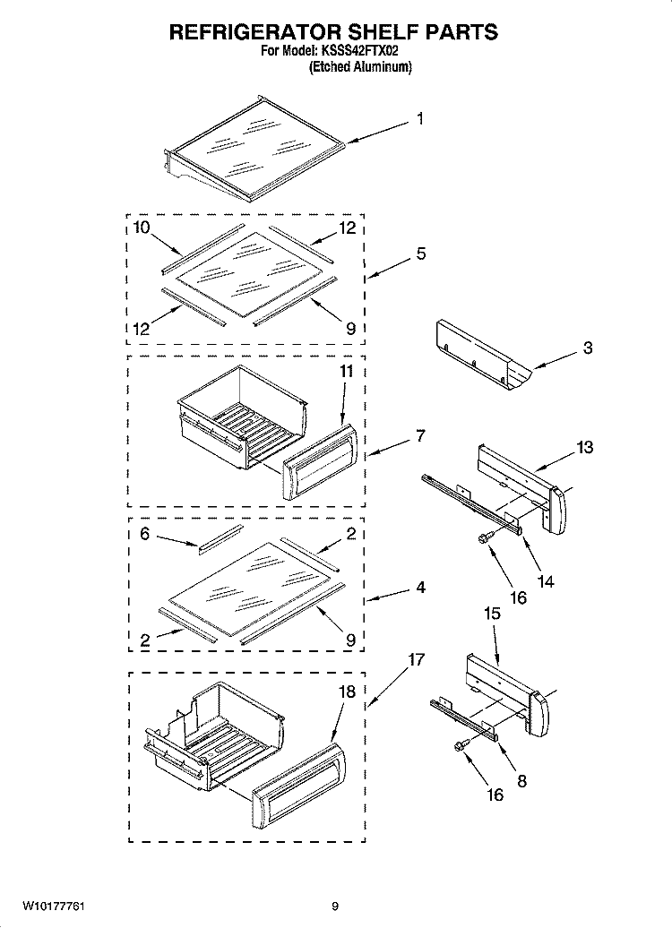 REFRIGERATOR SHELF PARTS Diagram and Parts List for KSSS42FTX02  KitchenAid Refrigerator