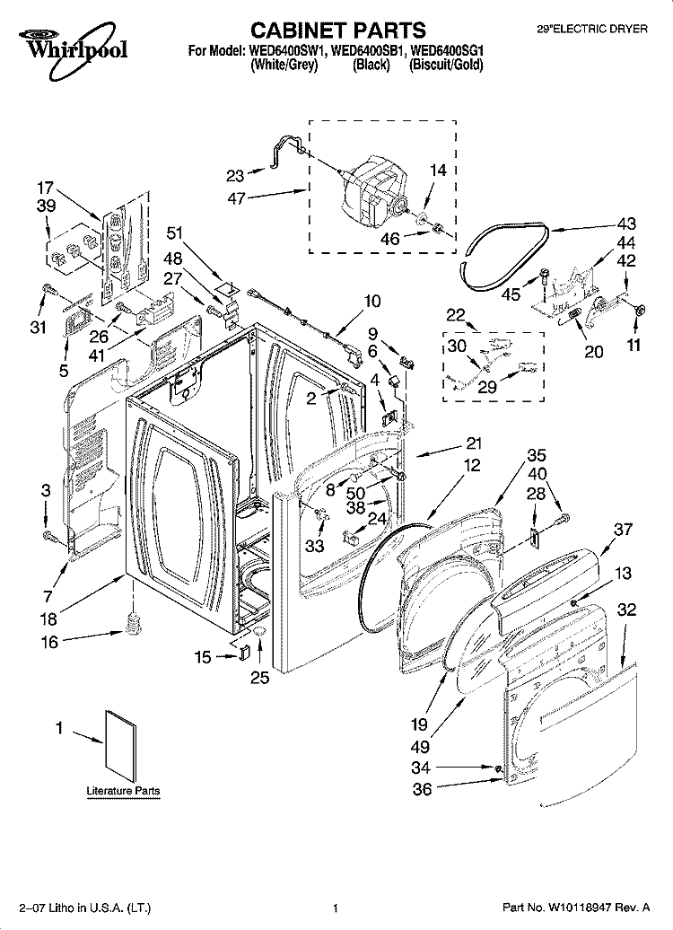CABINET PARTS Diagram and Parts List for WED6400SB1  Whirlpool Dryer