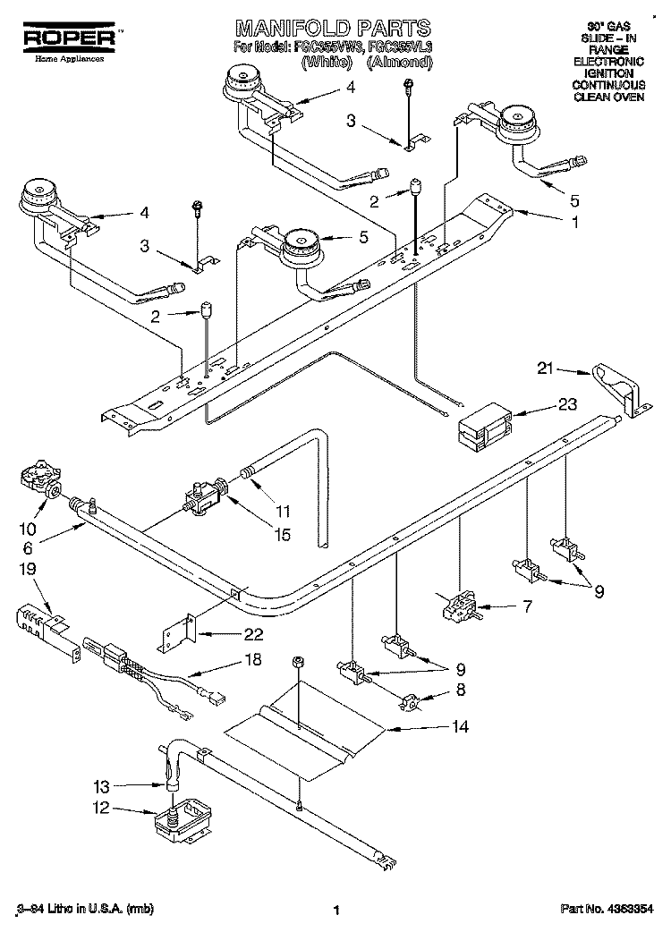 MANIFOLD Diagram and Parts List for FGC355VL3  Roper Range