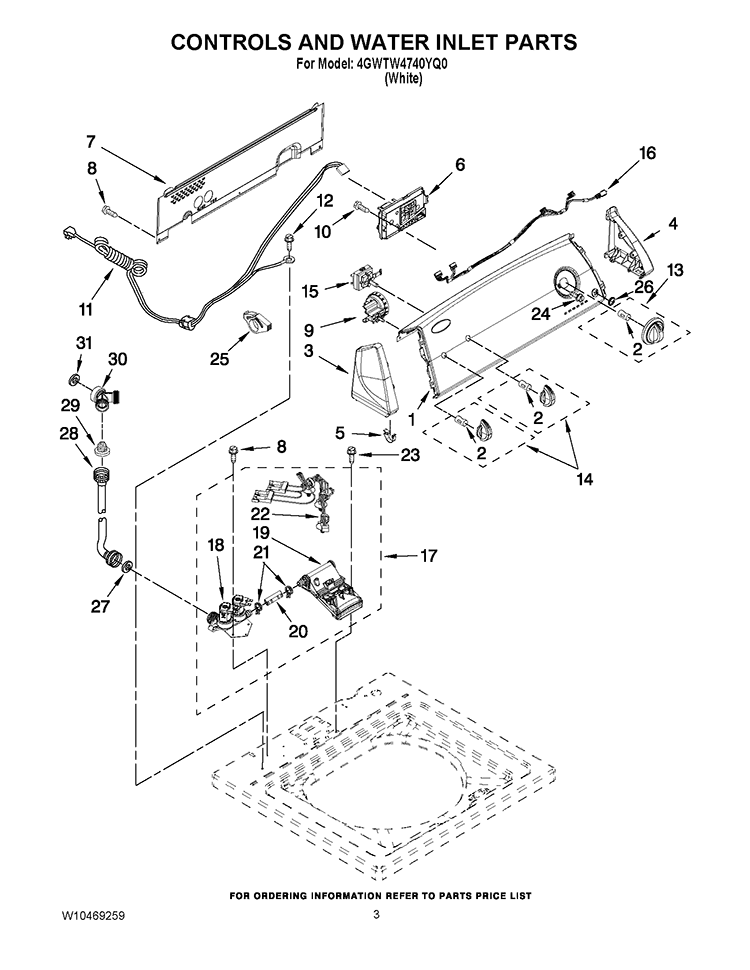 CONTROLS AND WATER INLET PARTS Diagram and Parts List for 4GWTW4740YQ0  Whirlpool Washer