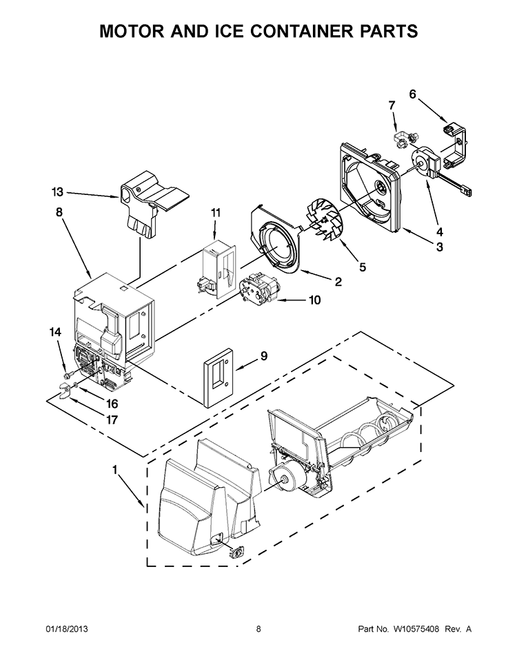 MOTOR AND ICE CONTAINER PARTS Diagram and Parts List for KFIS20XVWH8  KitchenAid Refrigerator