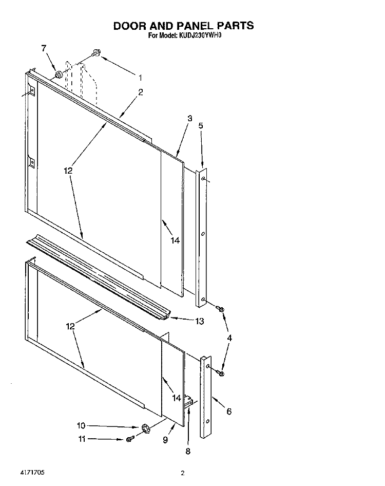 DOOR AND PANEL Diagram and Parts List for KUDJ230YWH0  KitchenAid Dishwasher